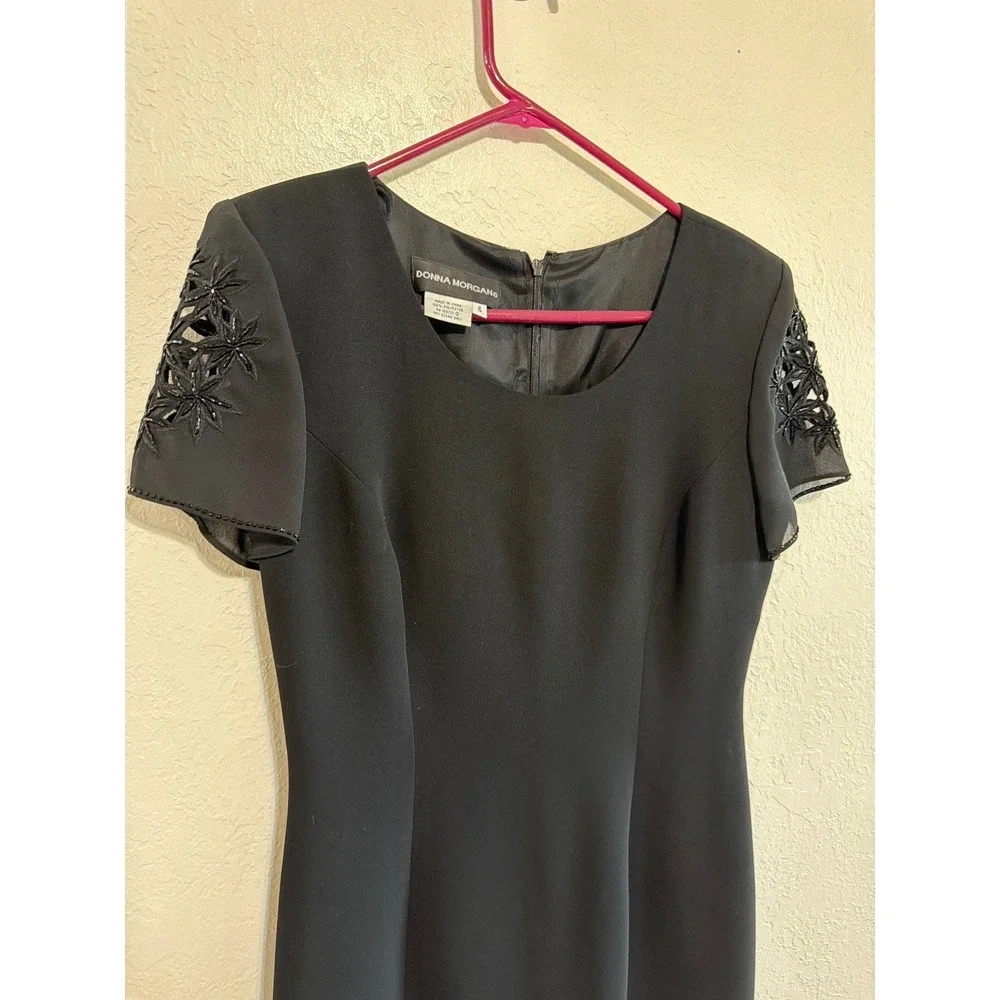 Donna Morgan Black Beaded Sheath Dress Floral Cutout Sleeve Event Cocktail 6